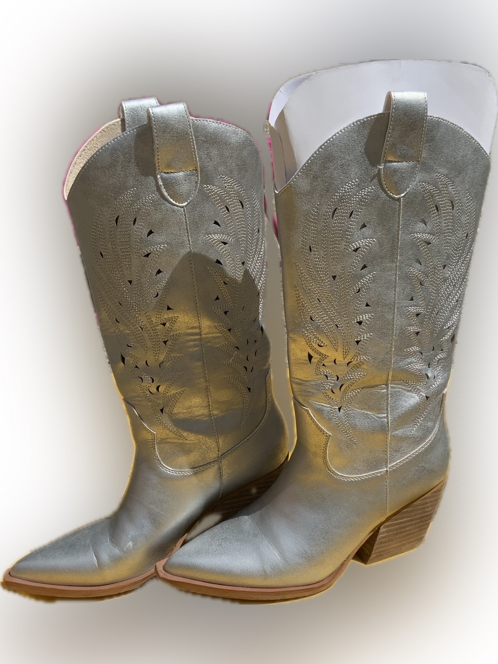 Women’s Metallic Silver Western Cowboy Boots - Elegant Mid Heel